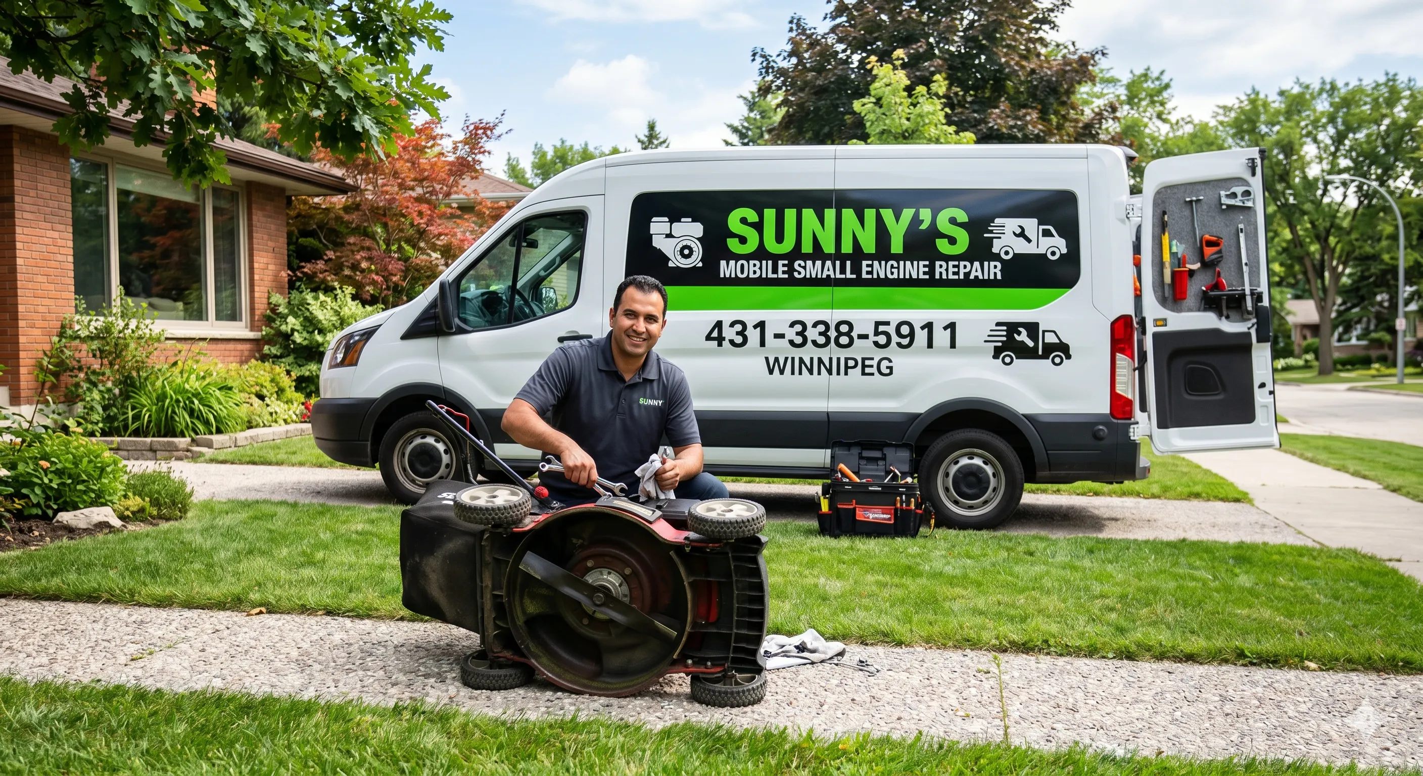 Sunny's Mobile Small Engine Repair truck on-site servicing a lawnmower